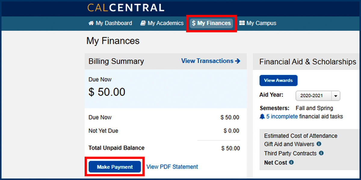 Screenshot of the CalCentral My Finances page with Make Payment button