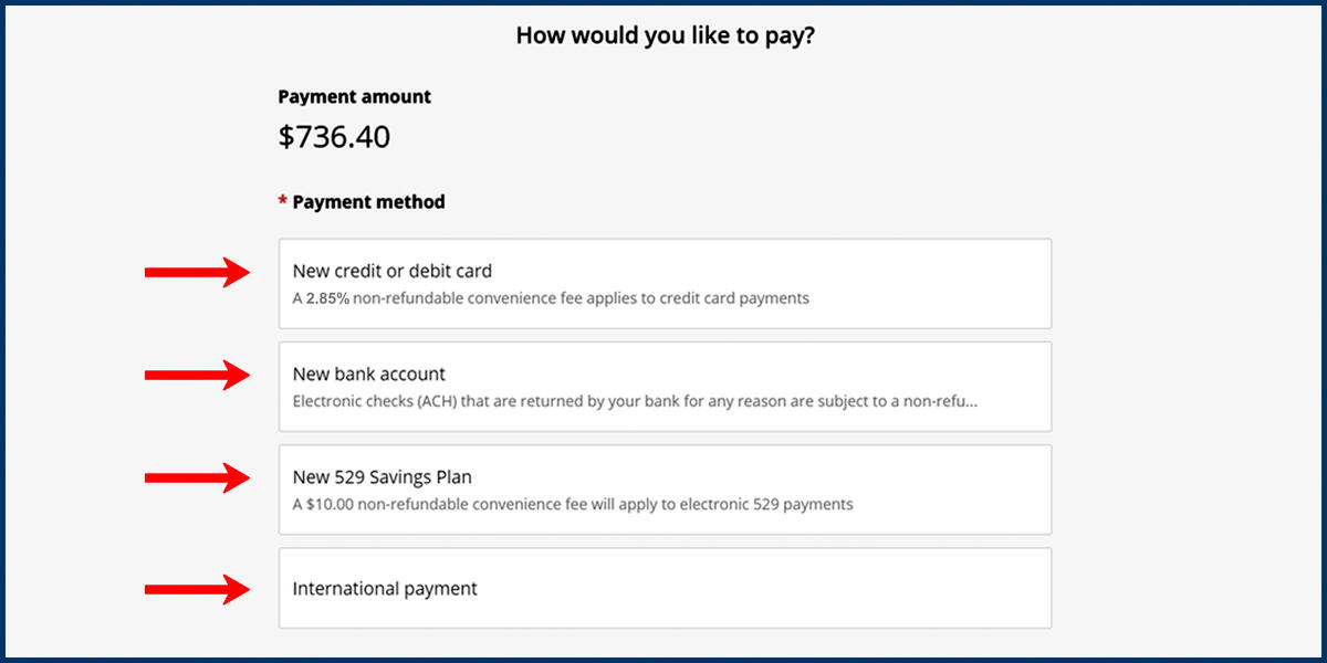Screenshot of the CashNet Make a Payment page with Payment Method options