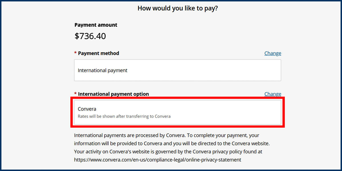 Screenshot of the CashNet Make a Payment page showing the Convera payment option