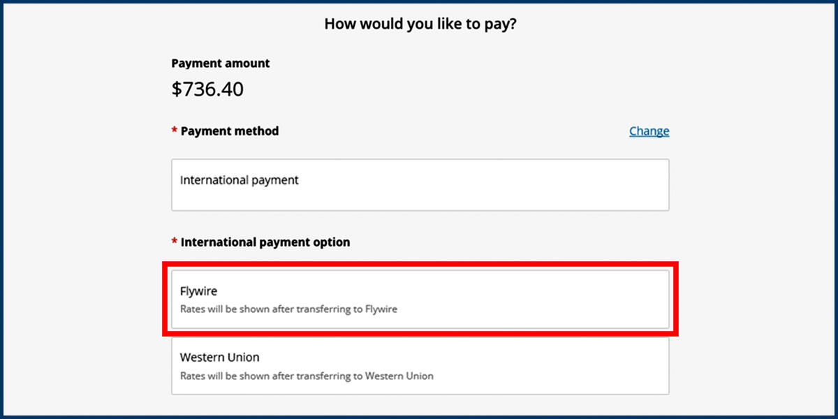 Screenshot of the CashNet Make a Payment page showing the Flywire payment option