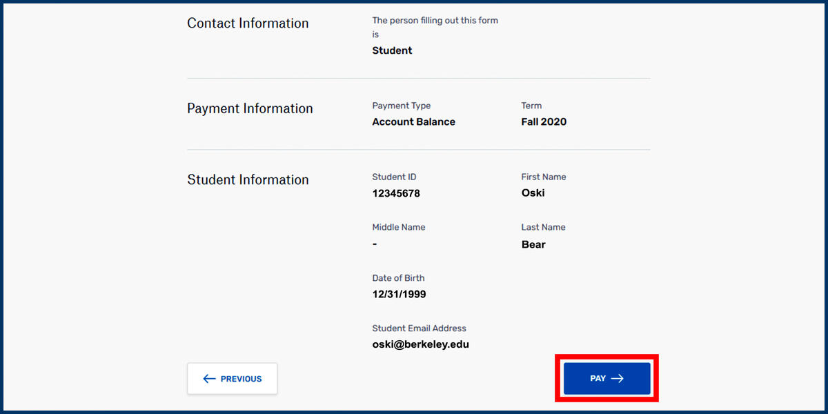 Screenshot of the Flywire Confirm Information page with Pay button