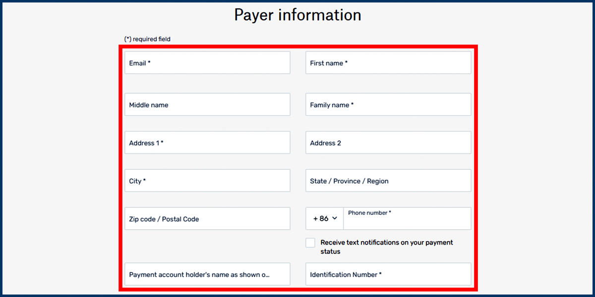 Screenshot of the Flywire Payer Information page