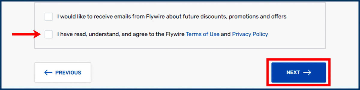 Screenshot of the Flywire Payer Information page with Next button