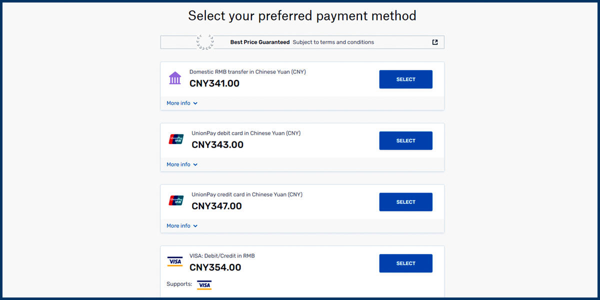 Screenshot of the Flywire Select Payment Method page