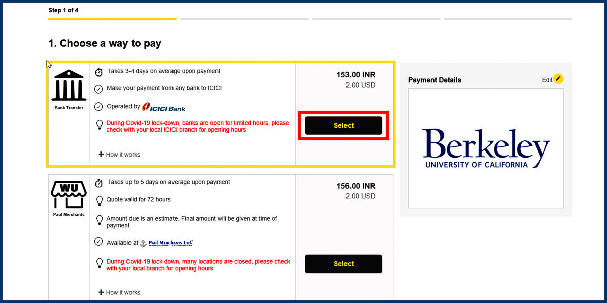 Screenshot of the Western Union Choose a way to pay page