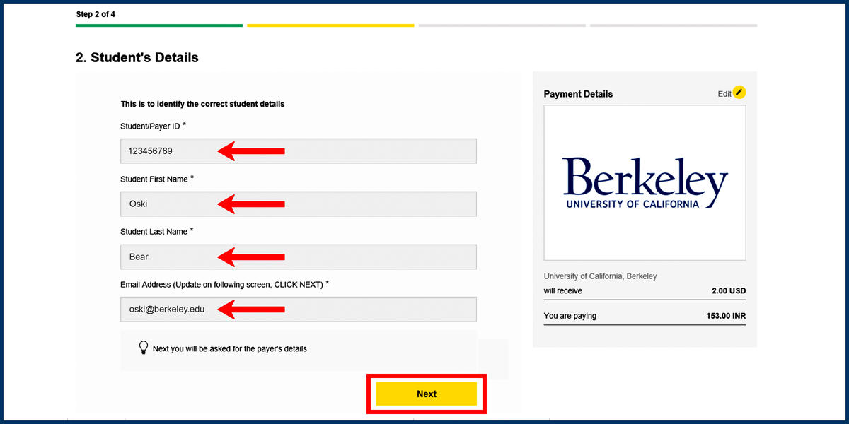 Western Union Student Details page Western Union Student Details page screenshot